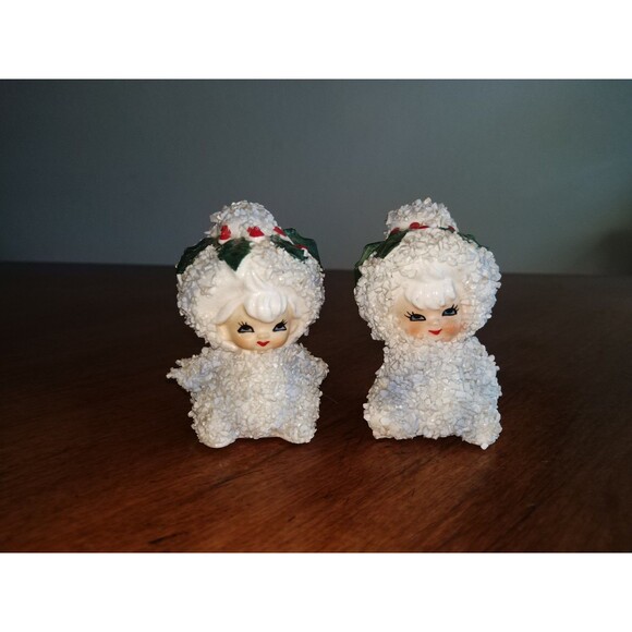 2 Vtg LEFTON Christmas Snowbabies Sugar Snow Baby Figurines w/ Original Label